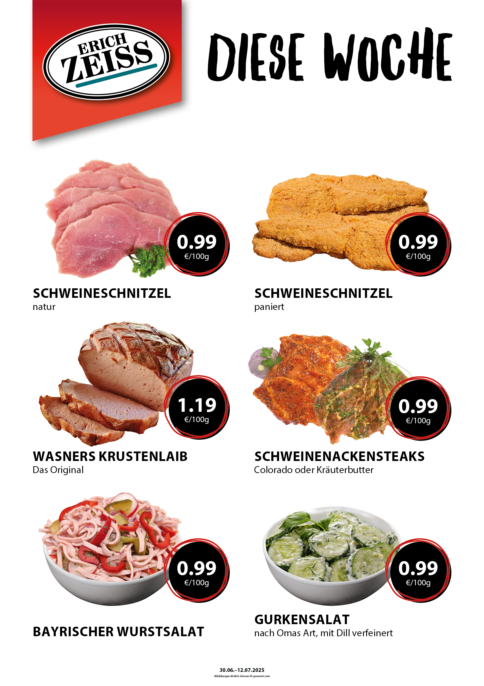 Sechs Angebote mit Preisen, darunter Schweineschnitzel und Gurkensalat
