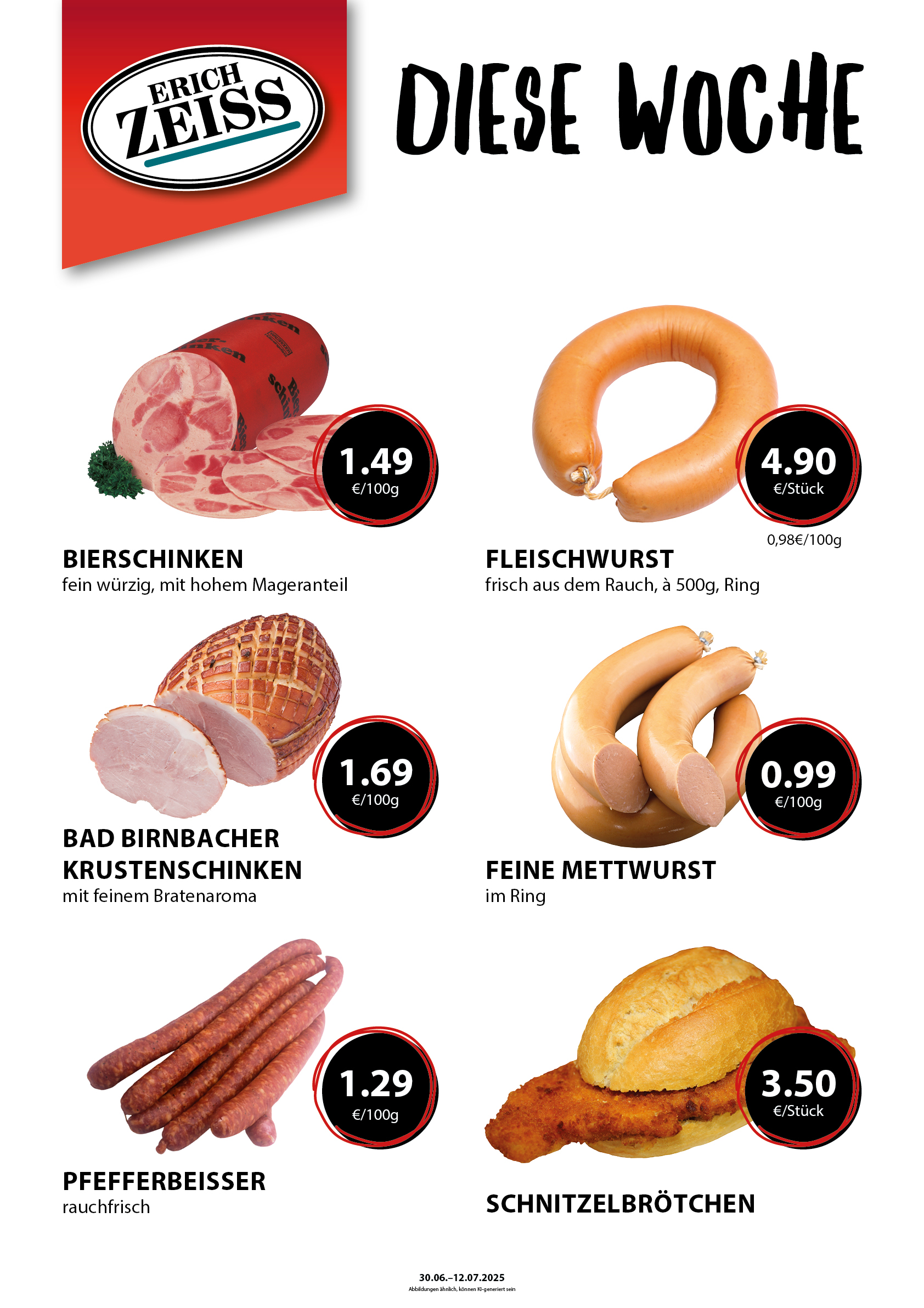Sechs Angebote mit Preisen, darunter Pfefferbeißer und Bierschinken