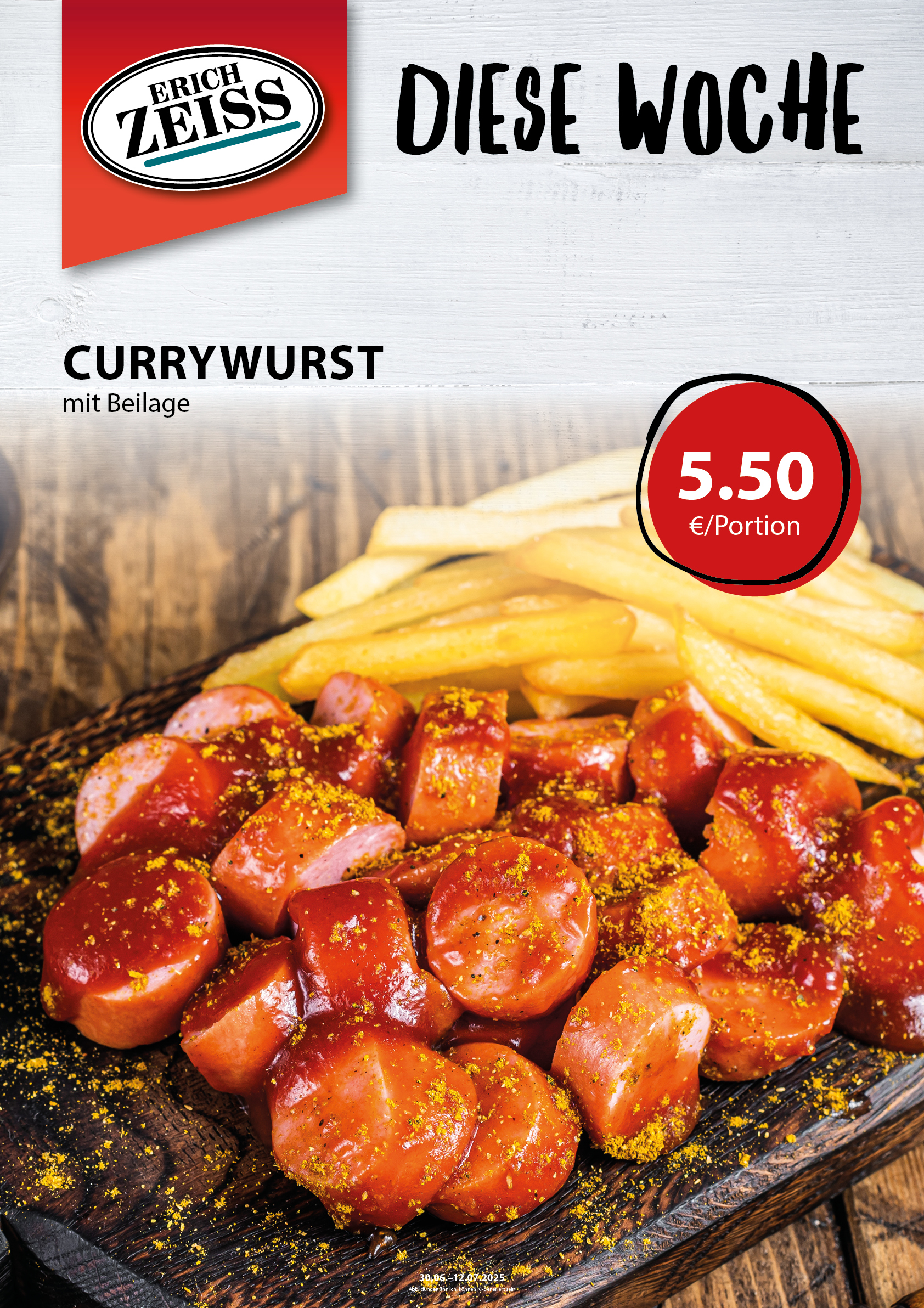 Ein Teller mit Currywurst und Pommes
