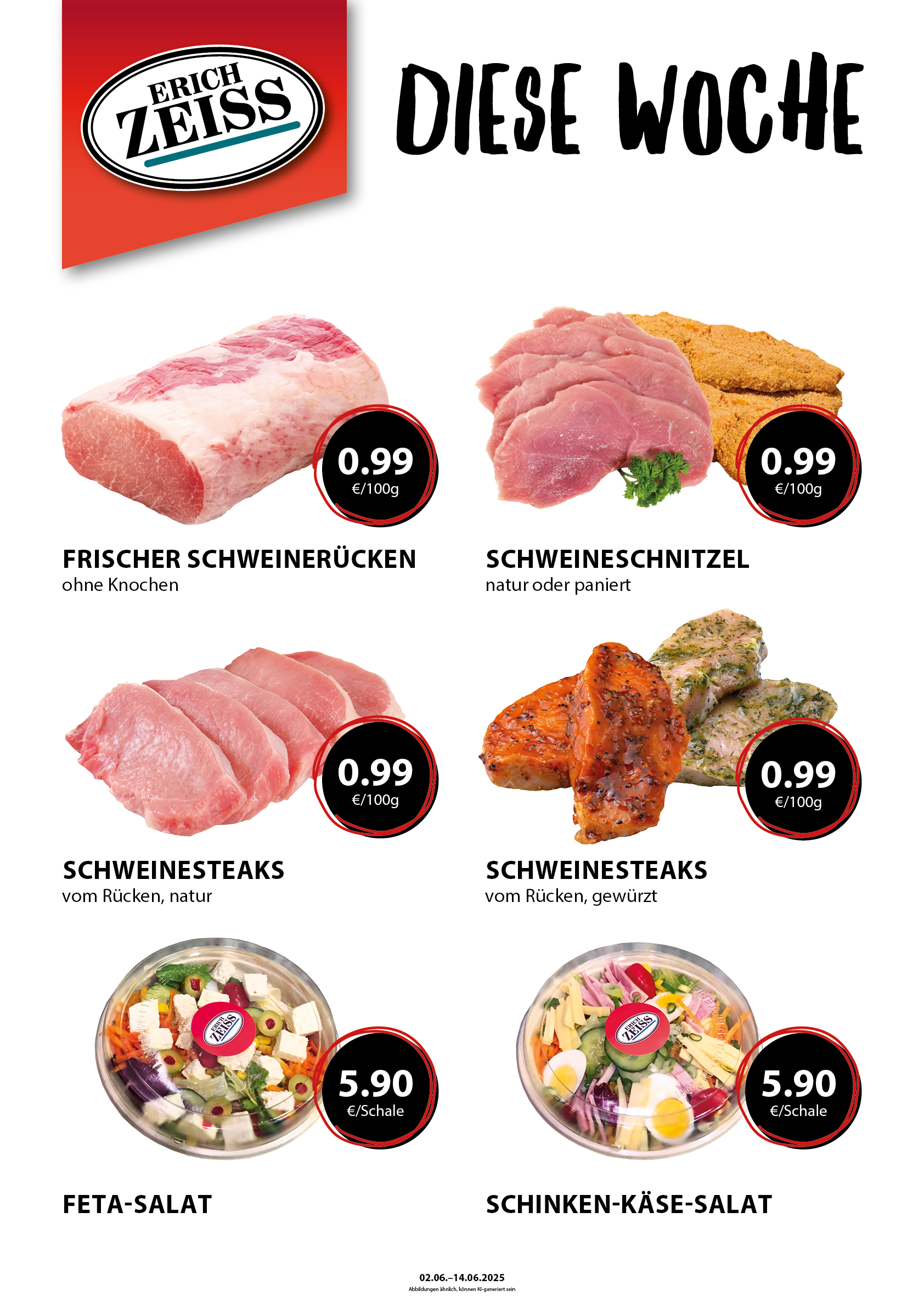 Sechs Angebote mit Preisen, darunter Feta-Salat und Schweinesteaks