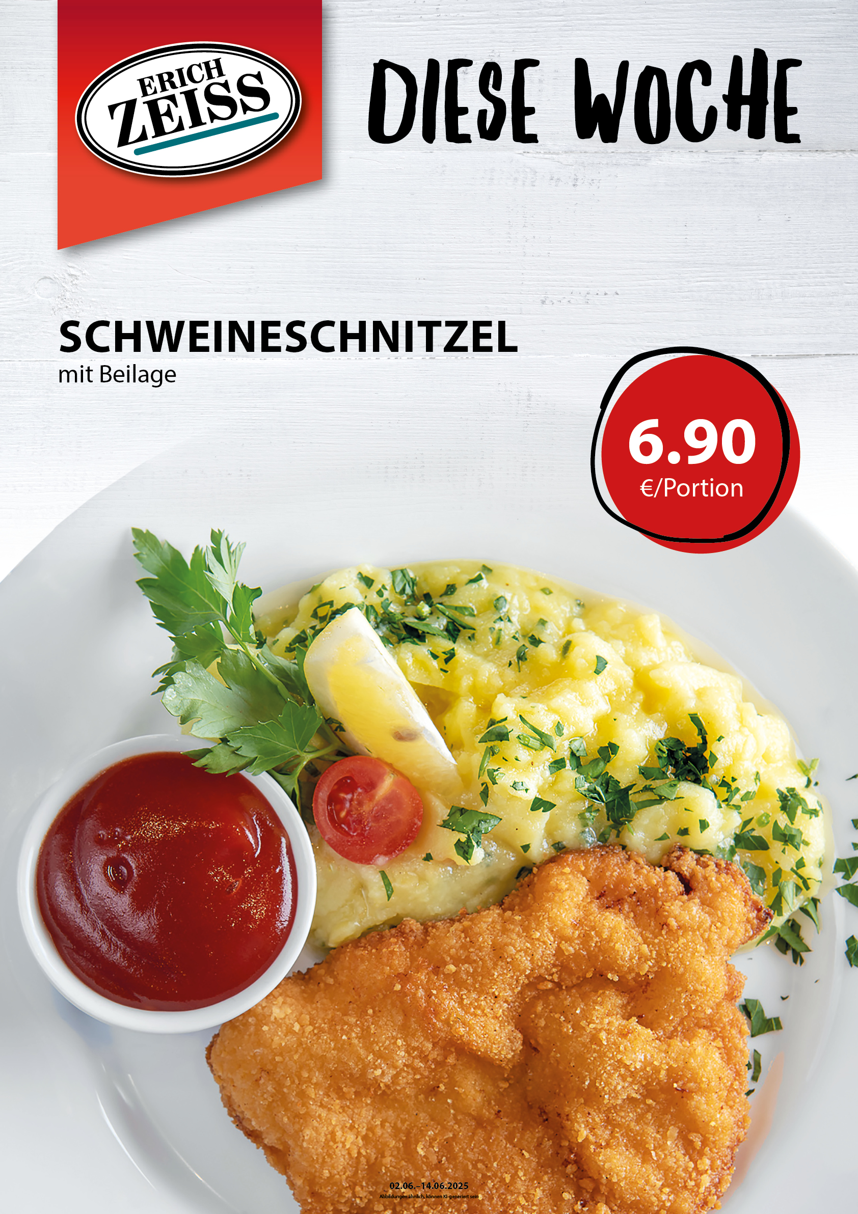 Ein Schweineschnitzel auf einem weißen Teller, angerichtet mit Kartoffelsalat und Ketchup